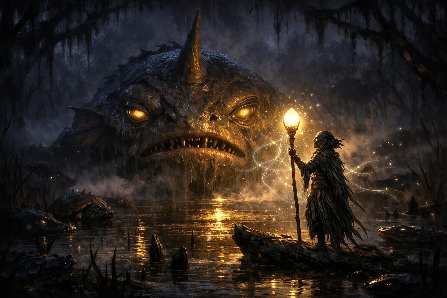 Merfolk Cleric Sermons to Swamp Creature in Moonlit Wetlands