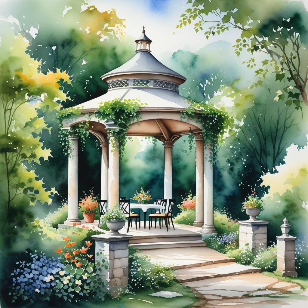 Ethereal Watercolor Gazebo with Flowers and Ivy