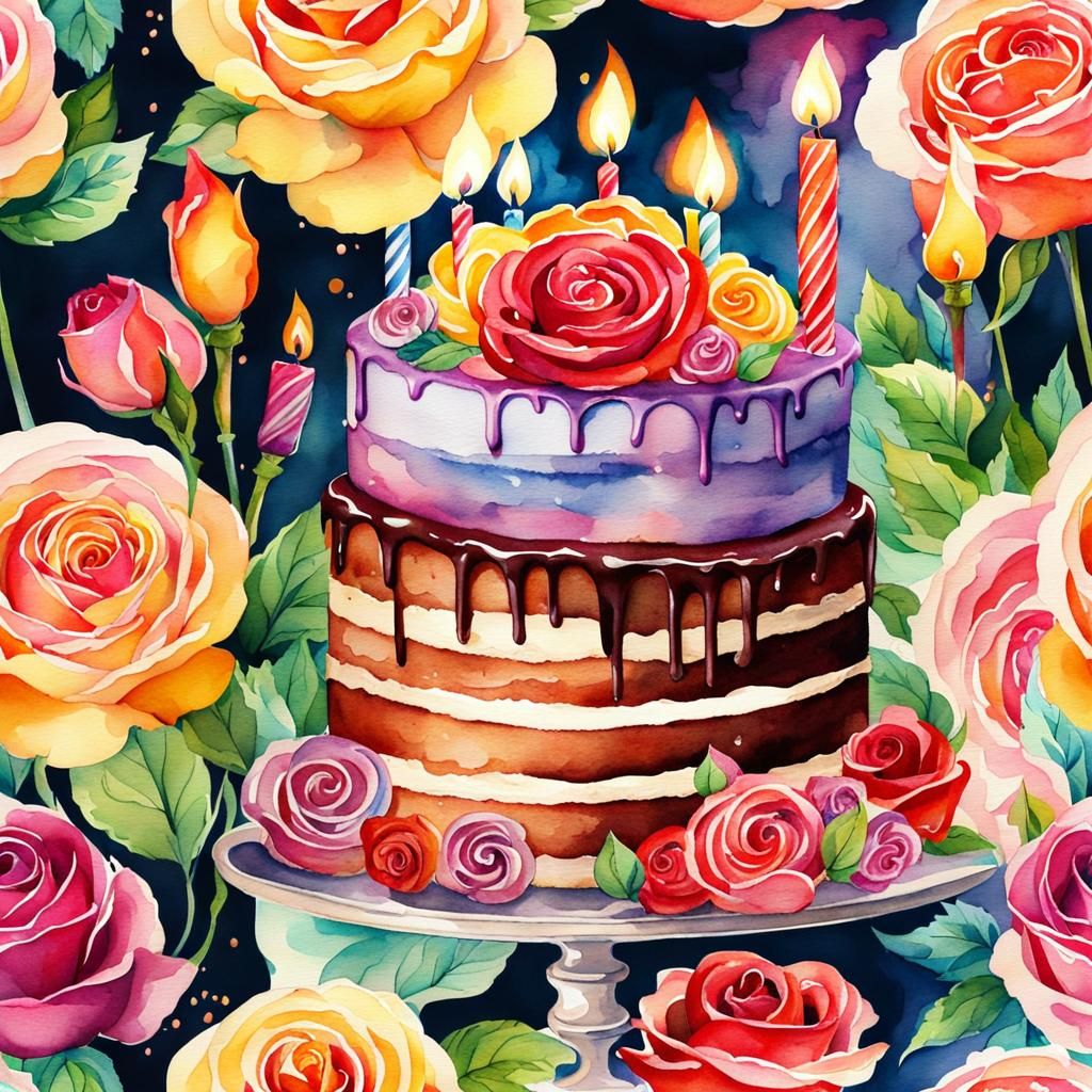Watercolor Birthday Cake with Roses and Candles