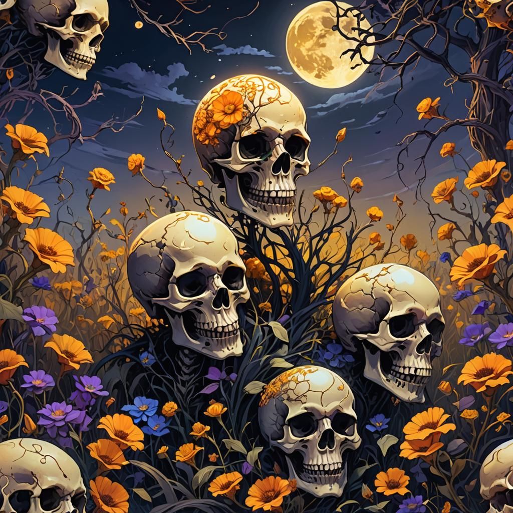 Eerie Skull Flower Field Under Moonlight