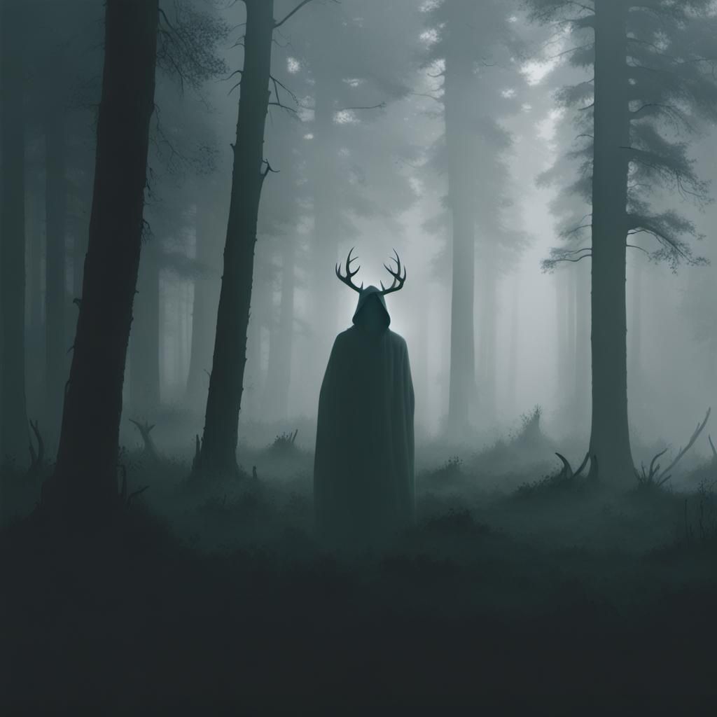Mysterious Hooded Figure in Misty Forest