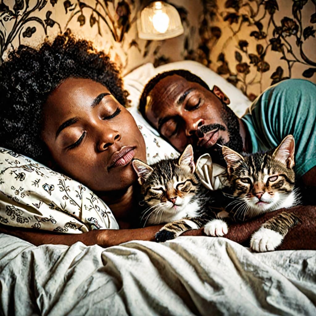Serene Couple Asleep with Kittens in Bed