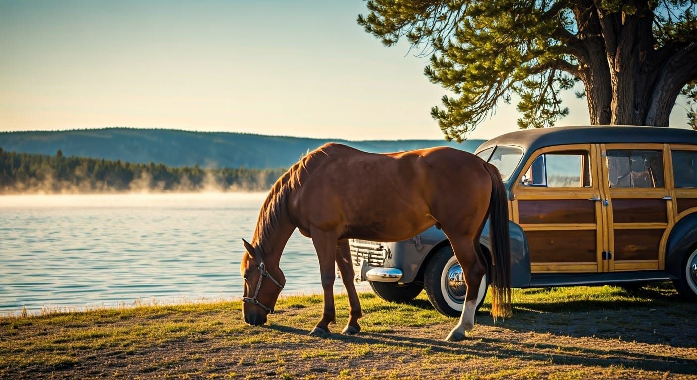 Horse and Woody Wagon Car at Yellowstone Lake