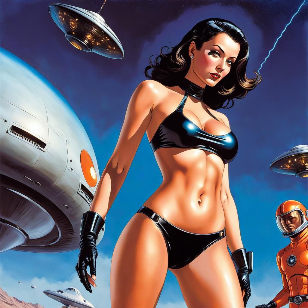 Sci-Fi Bond Girl in UFO, Hyperrealistic Art