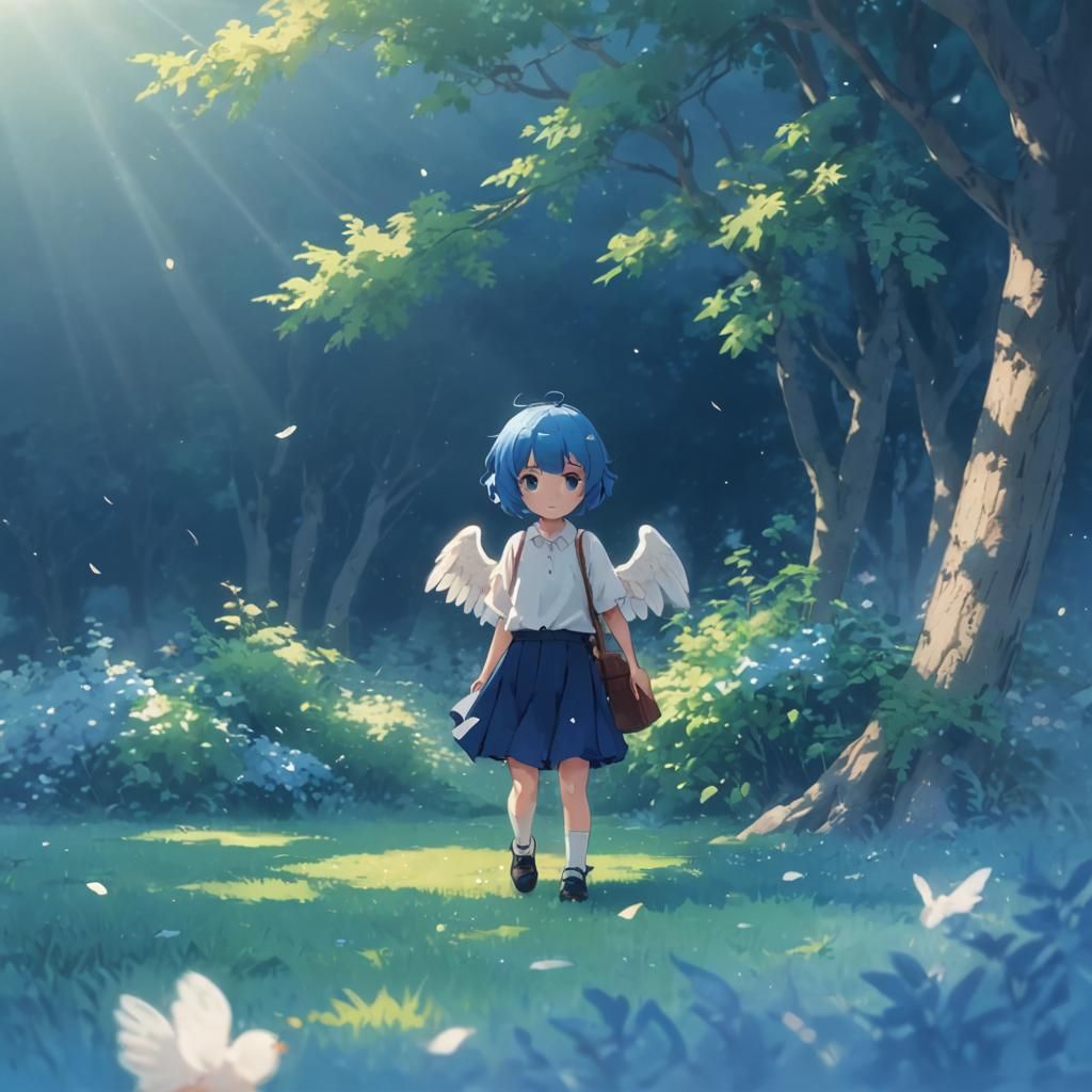 Anime Angel Girl with Blue Hair, Cel-Shaded
