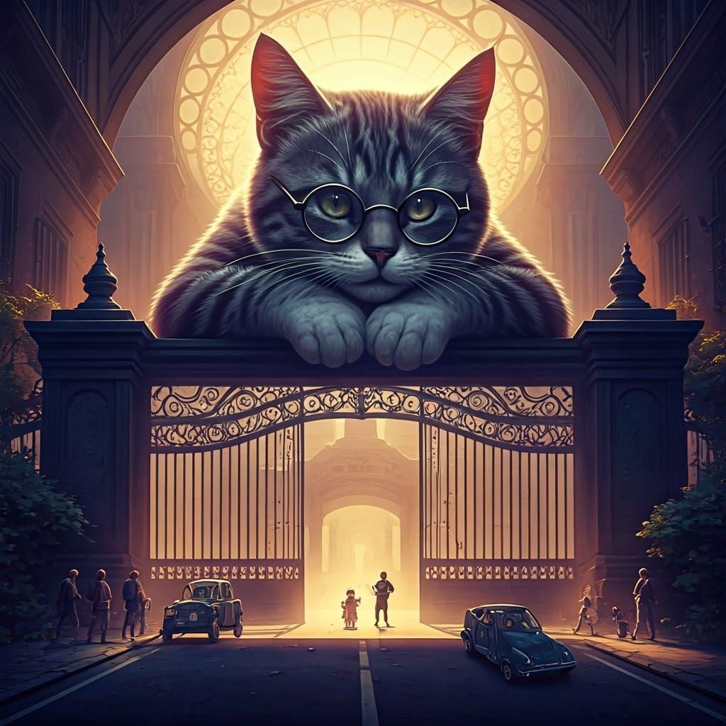 Giant Cat in Glasses Observes School