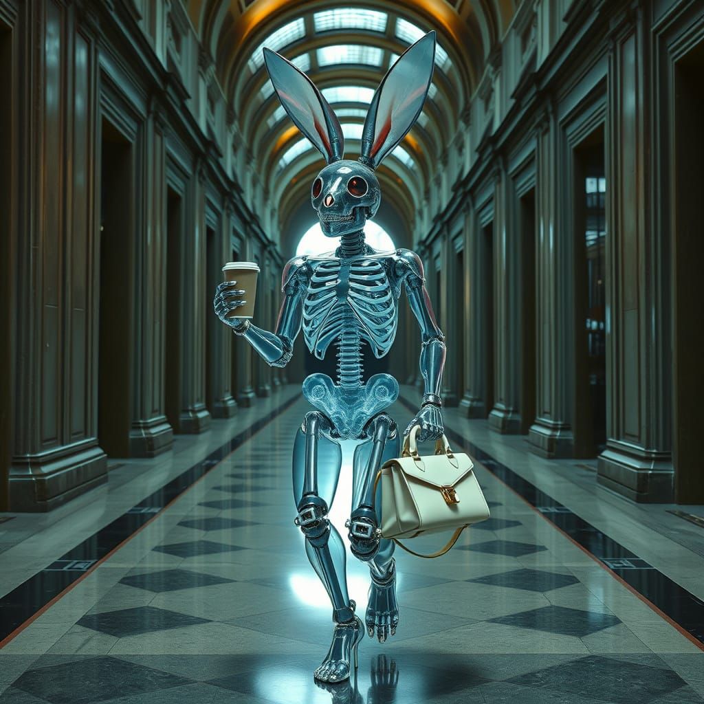 Mechanical Bunny with Stained Glass Skeleton in Sci-Fi Style