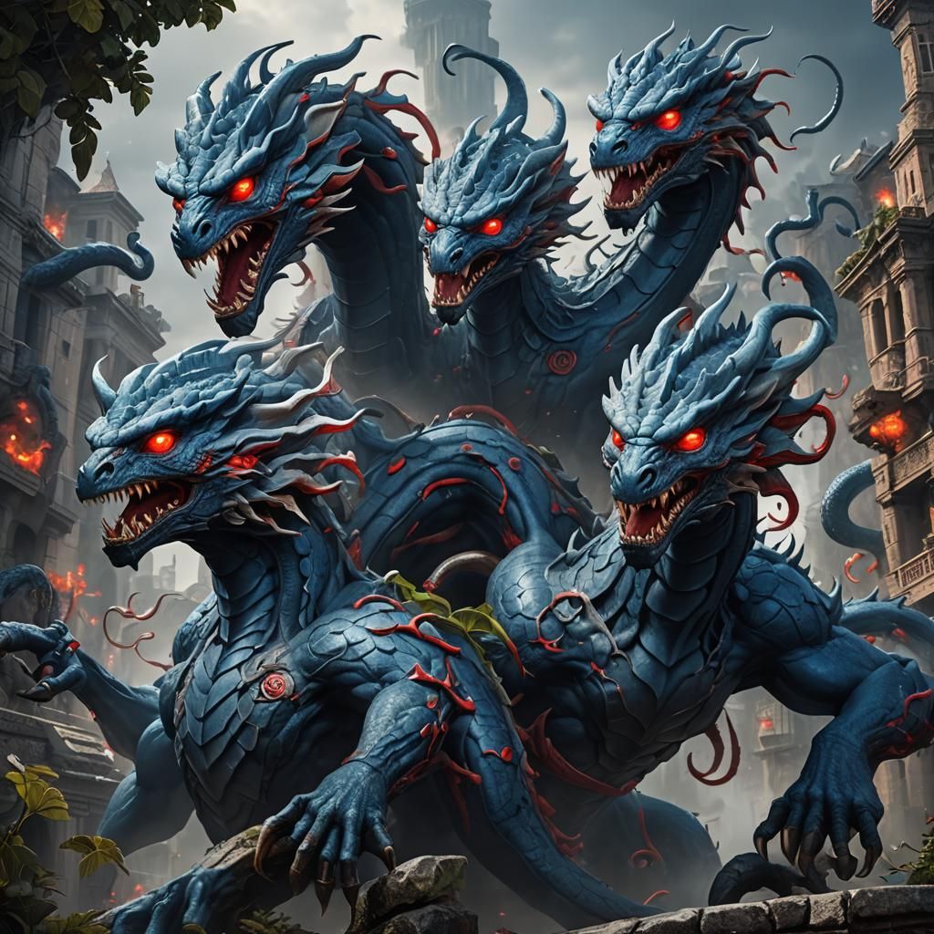 Blue Hydra with Glowing Eyes: Fantasy Concept Art