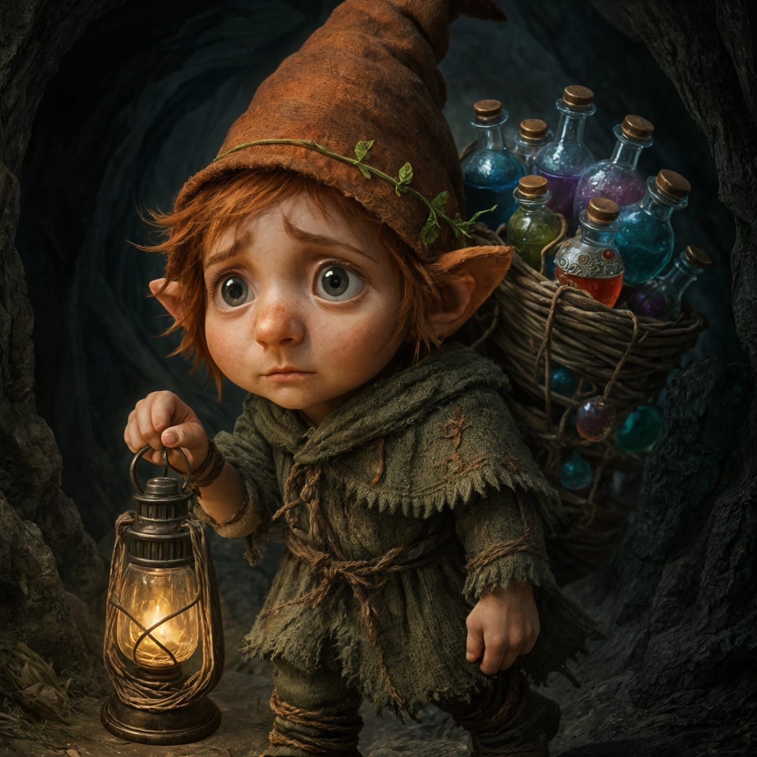 Gnome Explorer in Foreboding Cavern with Magic Potions