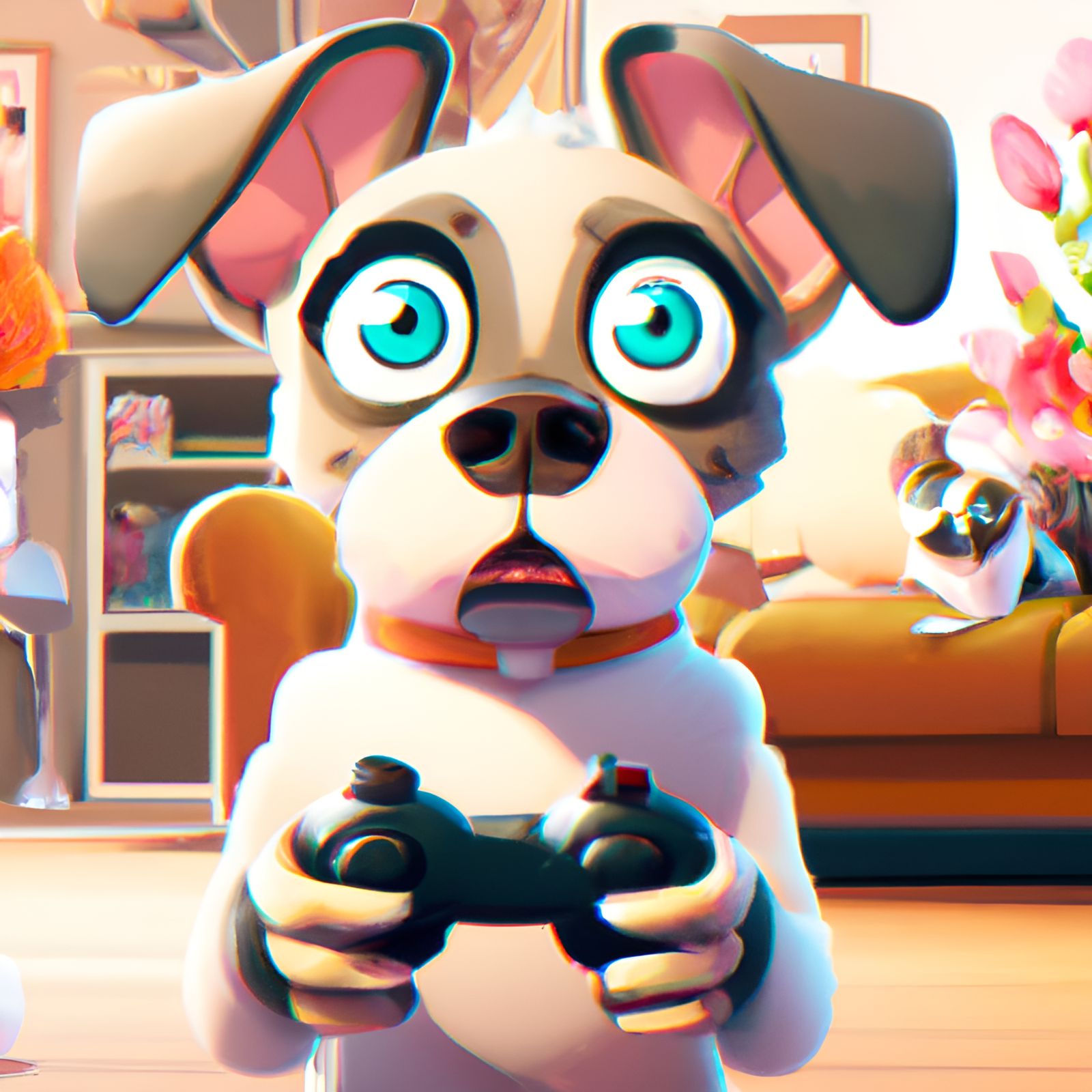 Adorable Cartoon Dog Plays Video Games: Digital Art