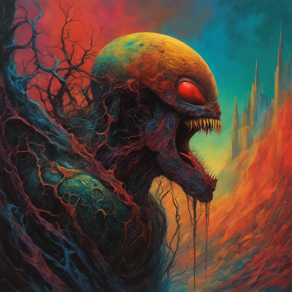 Colorful Cyborg Freefall in Dark Surreal Style