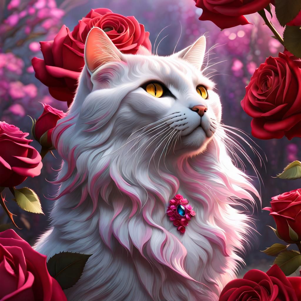 Elegant Cat in Roses: Fantasy Gouache Painting