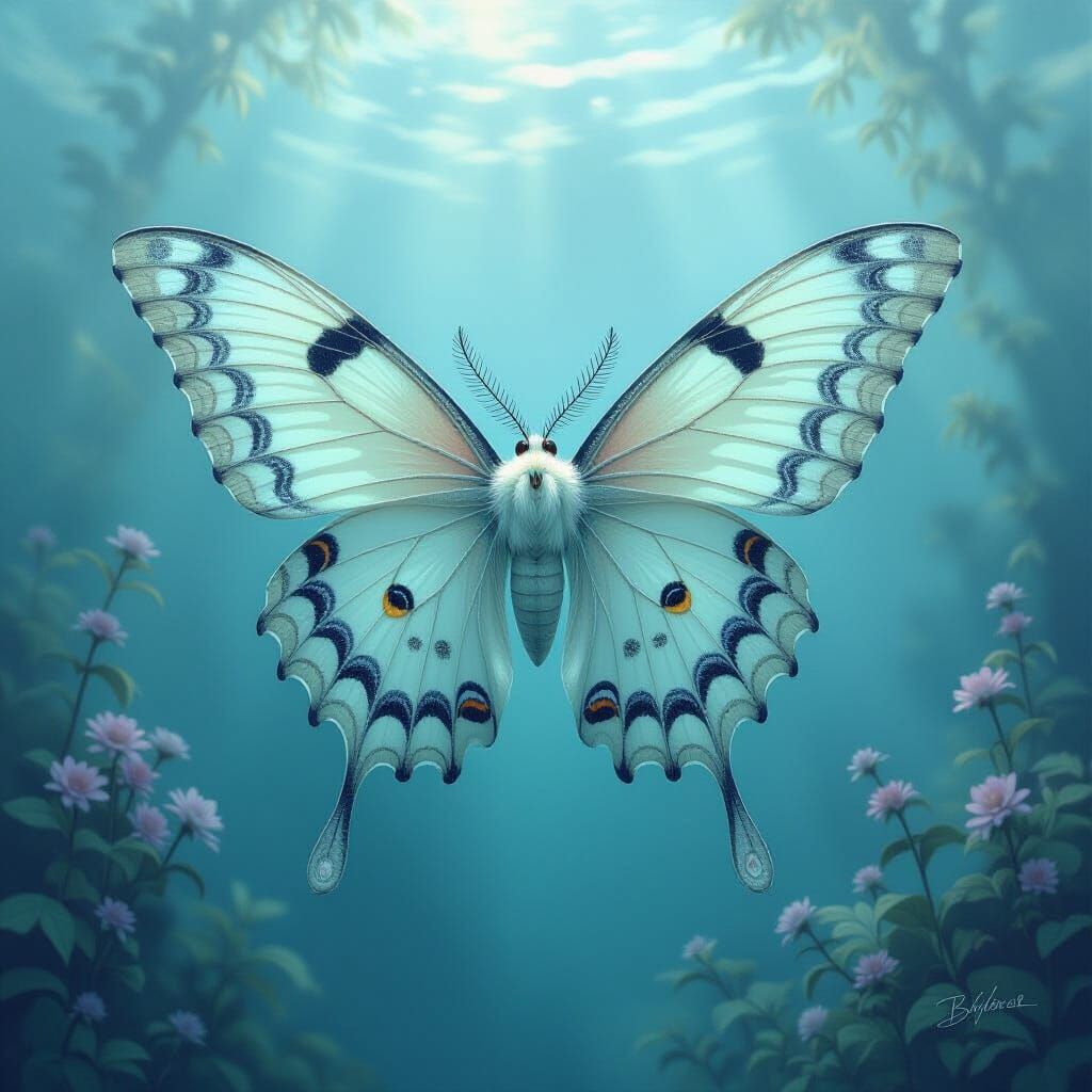 Mystical Lunar Moth Mermaid Bat Hybrid in Ethereal Scene
