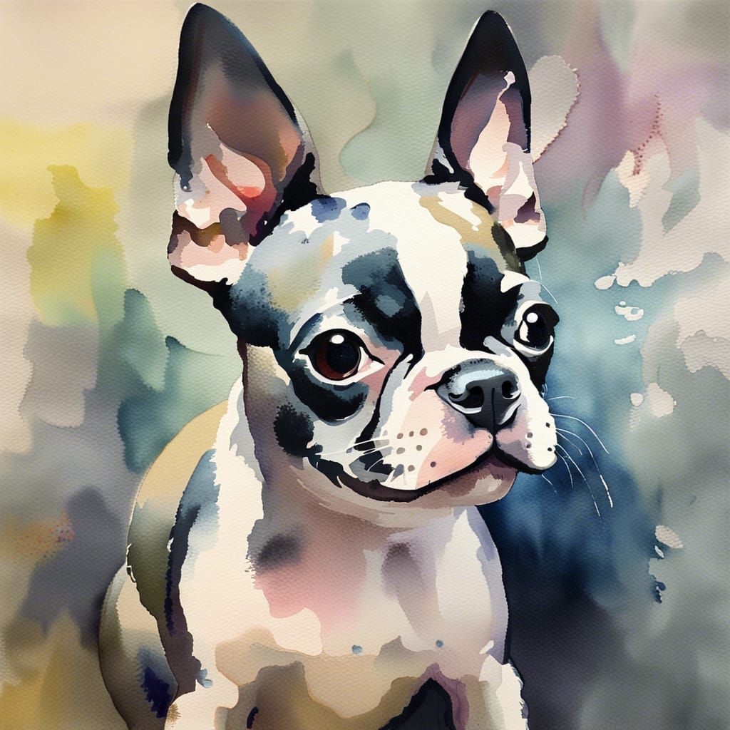 Boston Terrier Puppy in Gouache Watercolor Style
