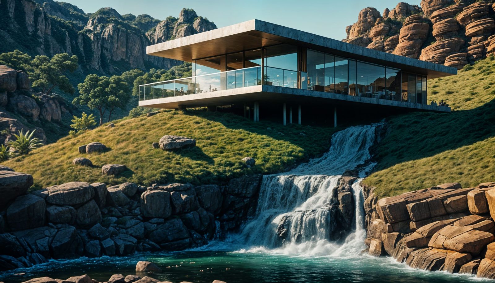 Impossible Cliffside House with Waterfall in Cinematic Style
