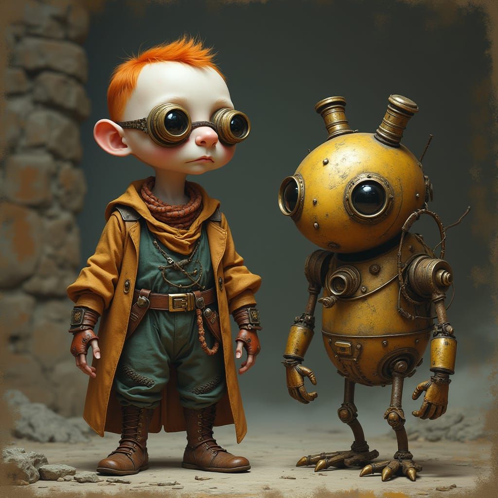 Man and Brass Creature in Renaissance Setting