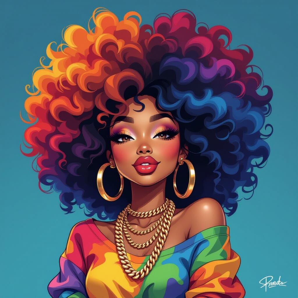 Playful Woman with Colorful Afro in Vibrant Caricature Style