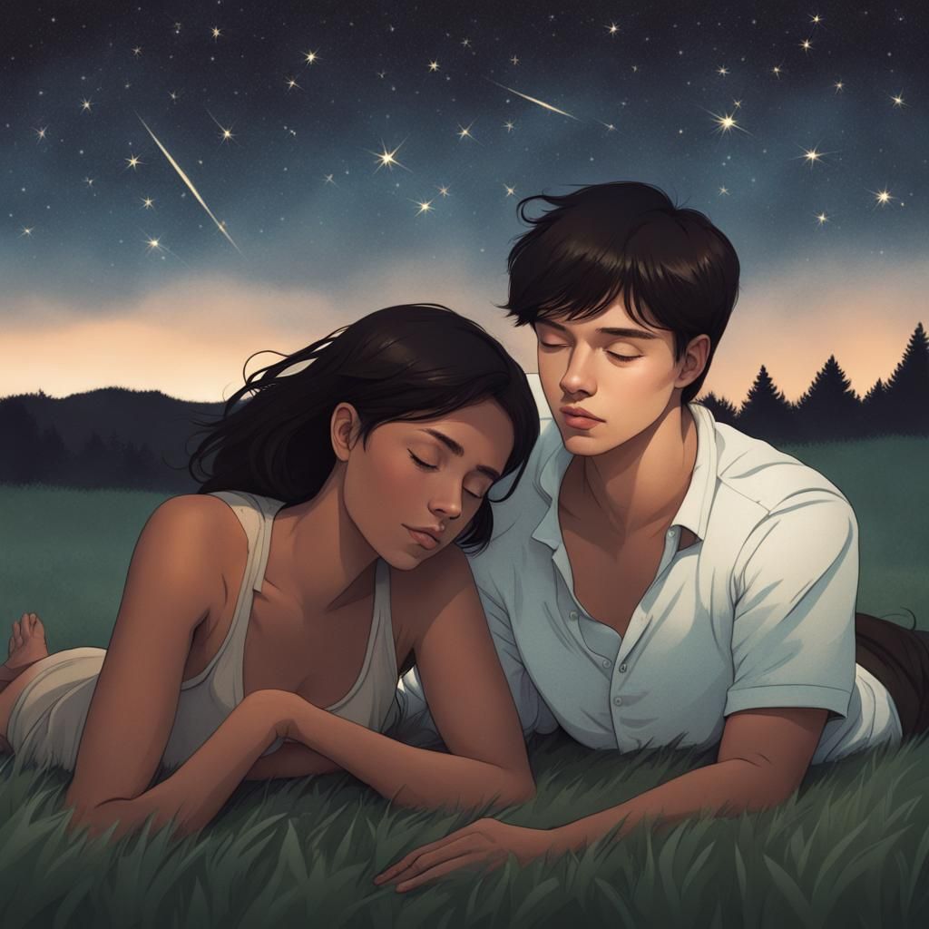 Couple Star Gazing in Grassy Field at Night