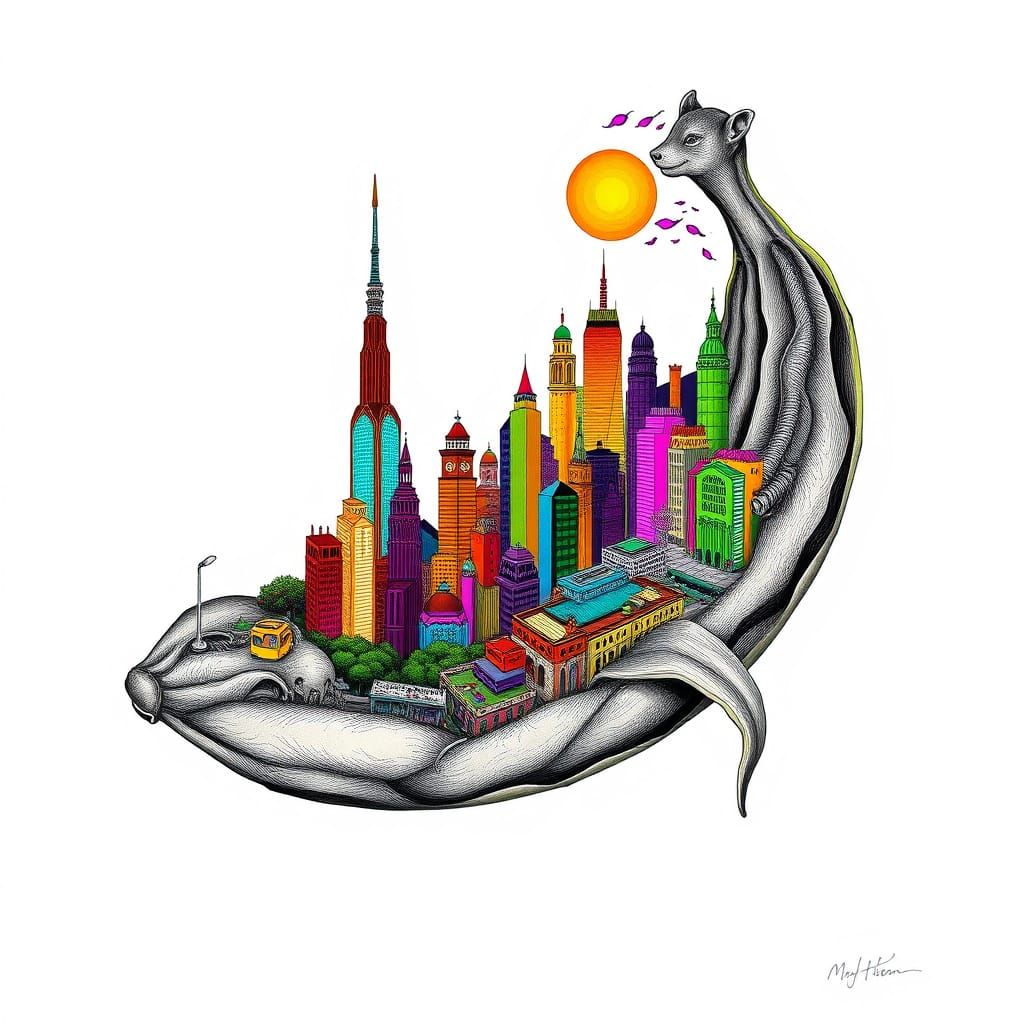 Surreal Banana Cityscape in Whimsical Ink Drawing Style