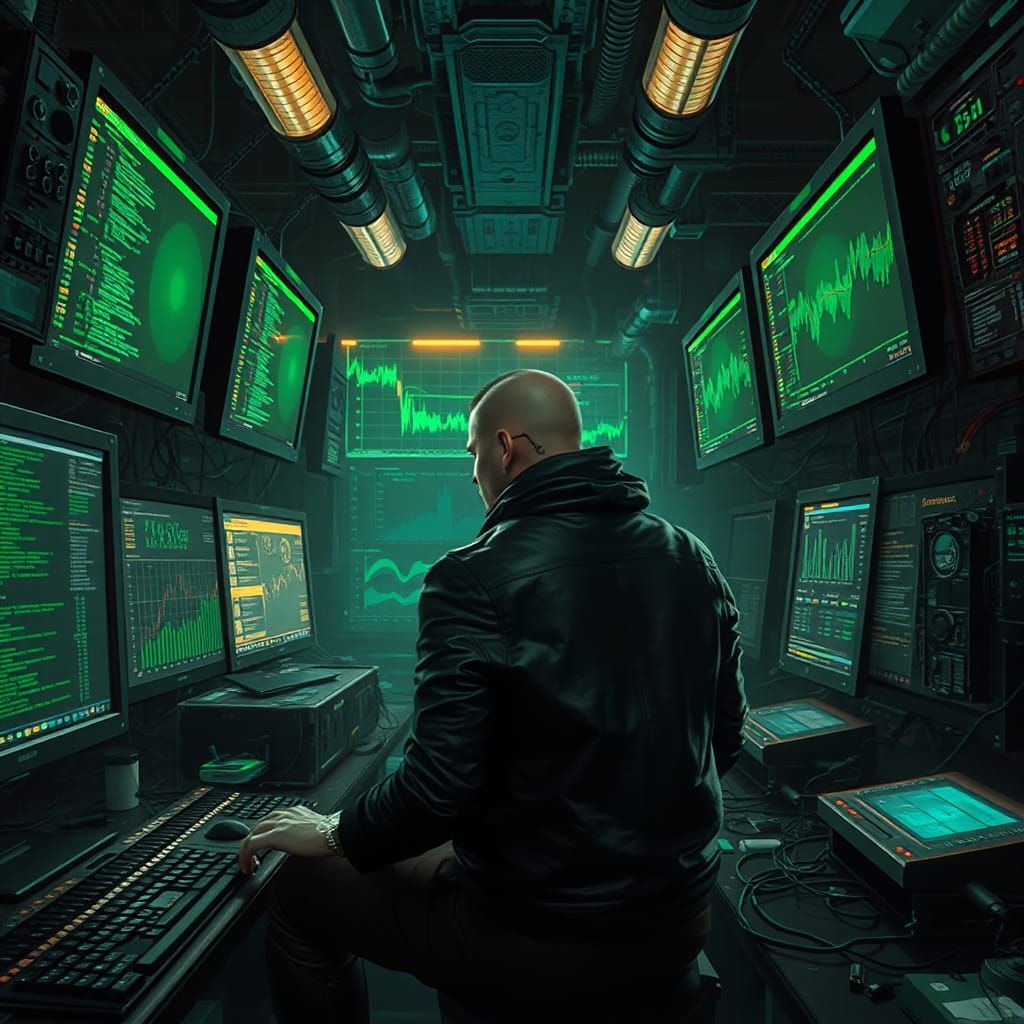 Cyberpunk Hacker in Underground Command Center