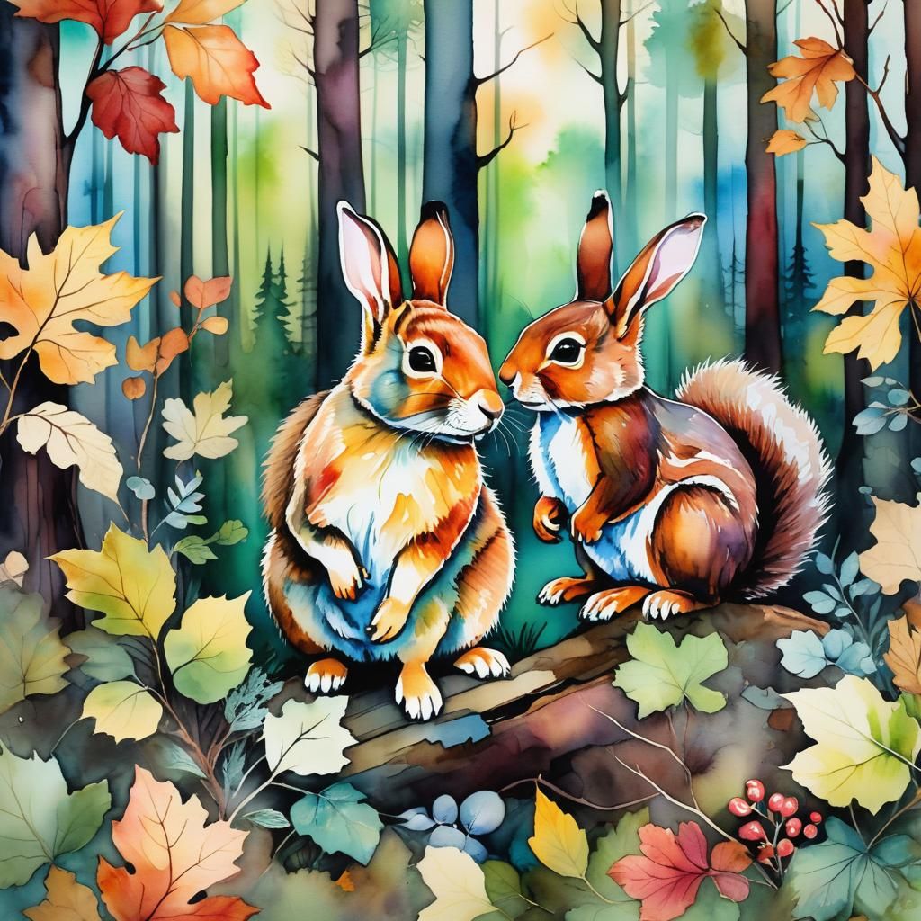 Realistic Rabbit and Squirrel in Forest, Alcohol Ink Art