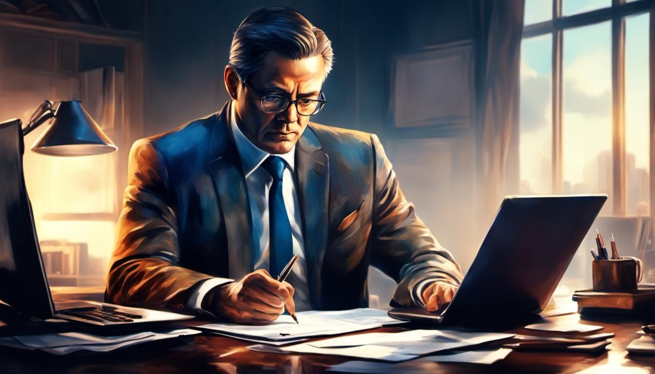 Business Person at Desk as Vibrant Oil Painting