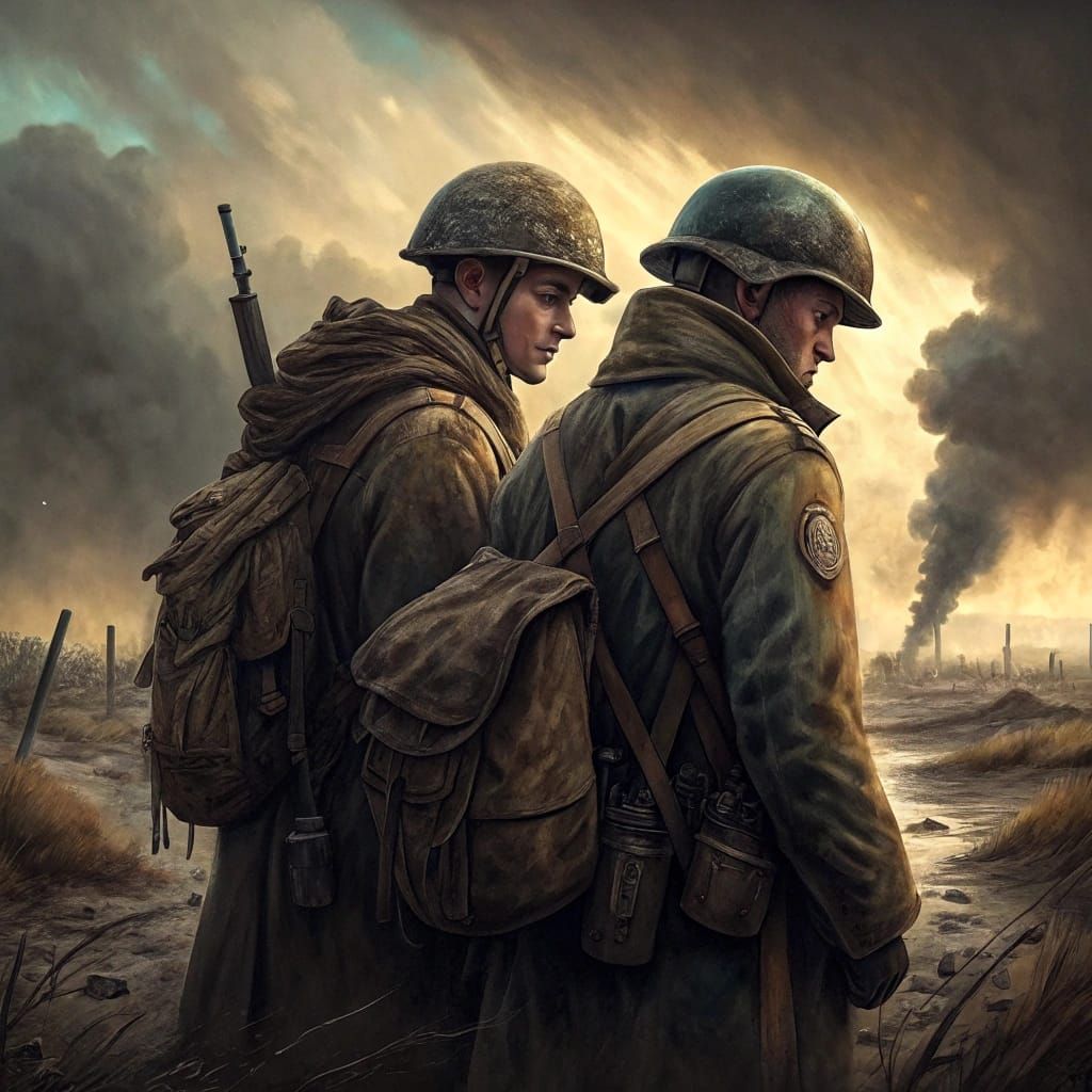 Brotherhood in Desolation: A Haunting Scene of Two Weary Sol...