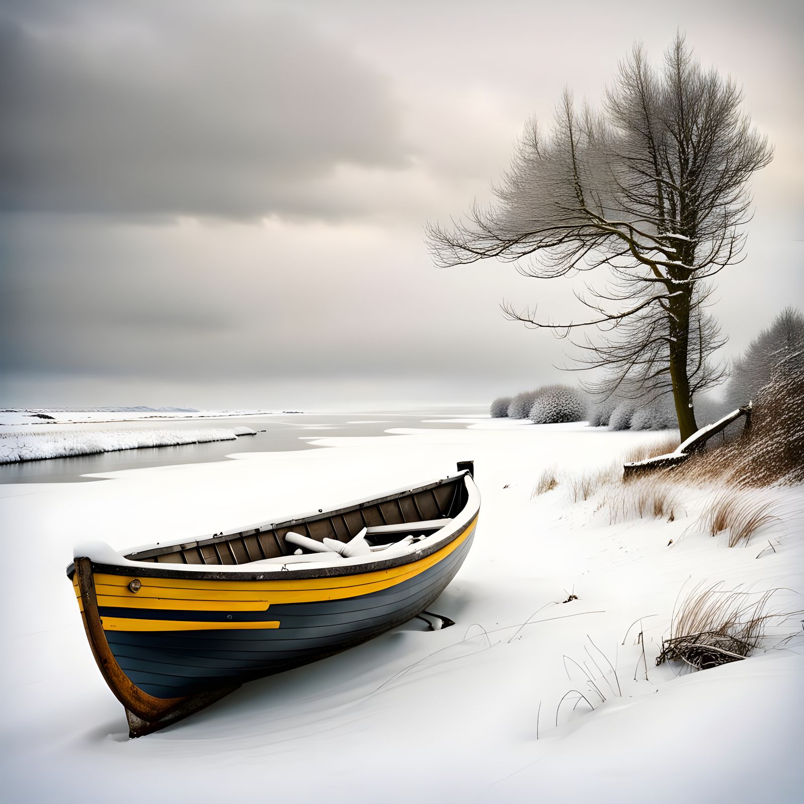 Winter Coastal Landscape with Beached Boat