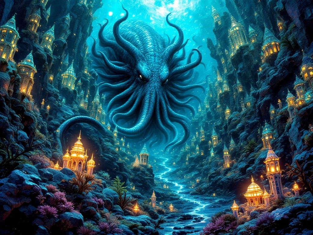 Cthulhu Rises from R'lyeh in Vibrant, Dreamlike Splendor