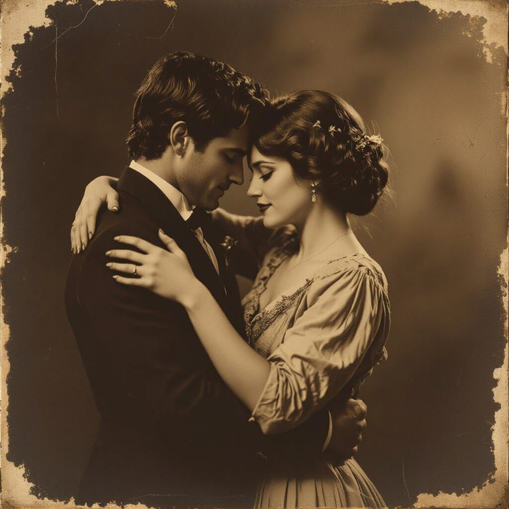 Vintage Romantic Couple Embracing in Moody Sepia Tones