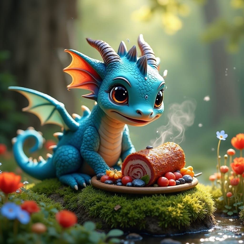 Sapphire Dragon Cub's Forest Feast: Fantasy Concept Art