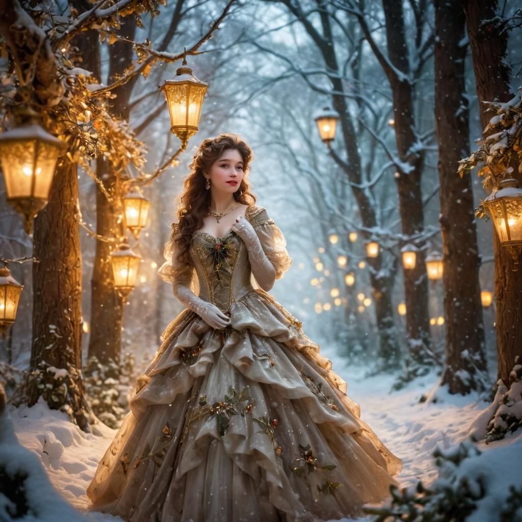 Christmas Gibson Girl in Snowy Forest, Kinkade Style