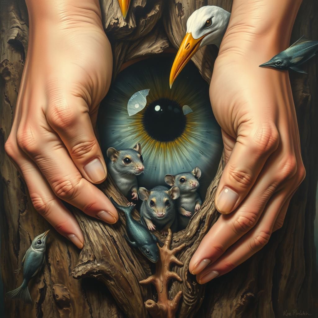Surreal Hands Protect Mice on Decaying Tree