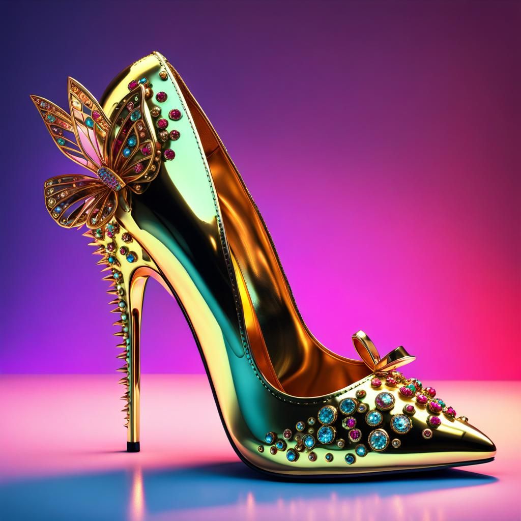 Gold Chrome Heels with Jeweled Butterfly in Pop Art