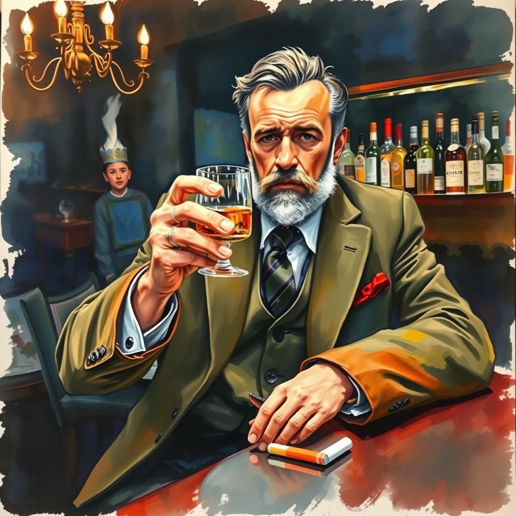 Man at Bar with Whisky in Gouache Style