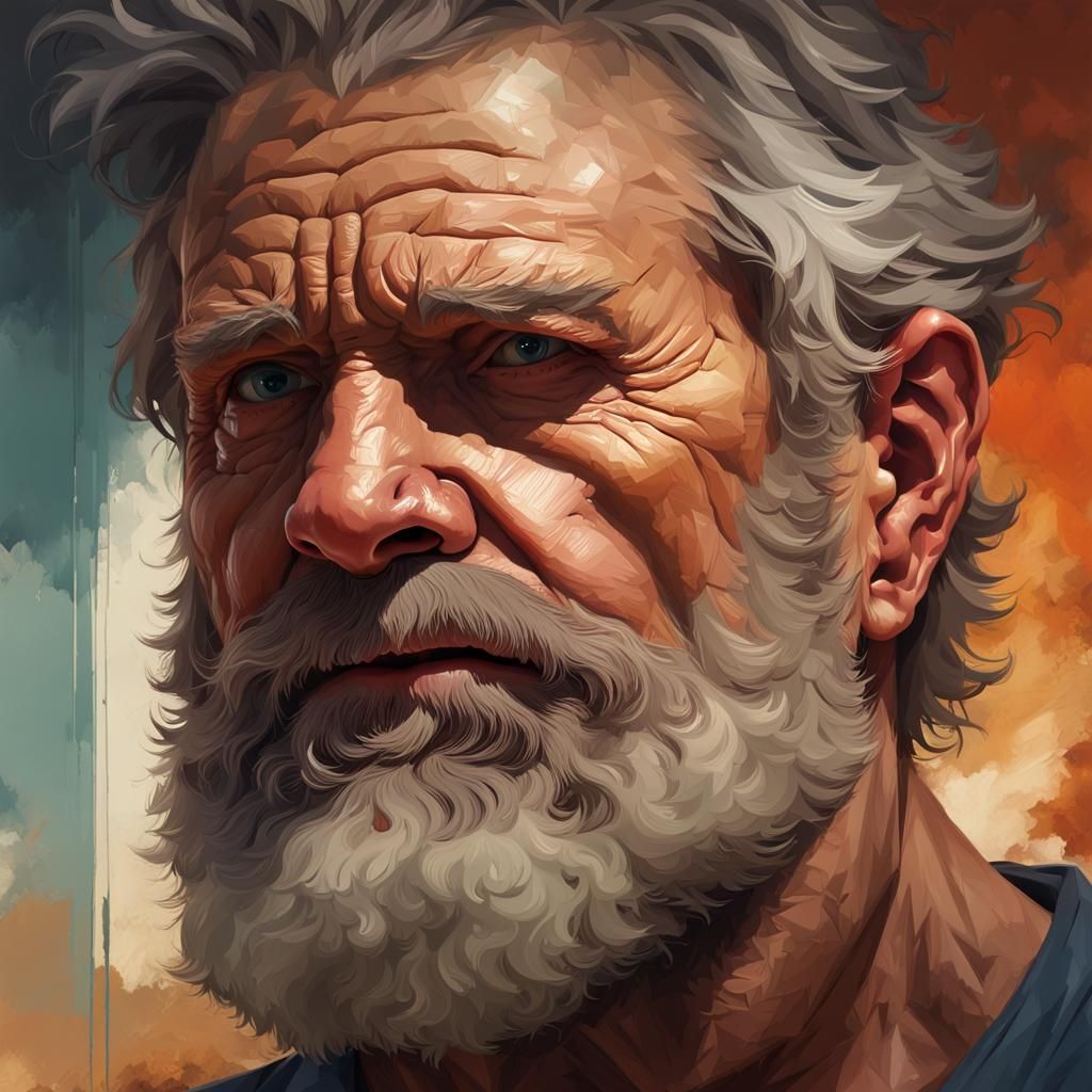 Intense Portrait of an Older Bearded Man, Hyperrealistic