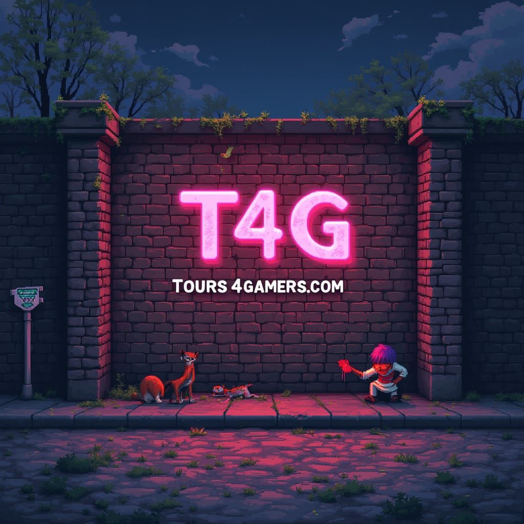 Pixel Art Cyberpunk Scene with T4G Logo and Gamer Tourist