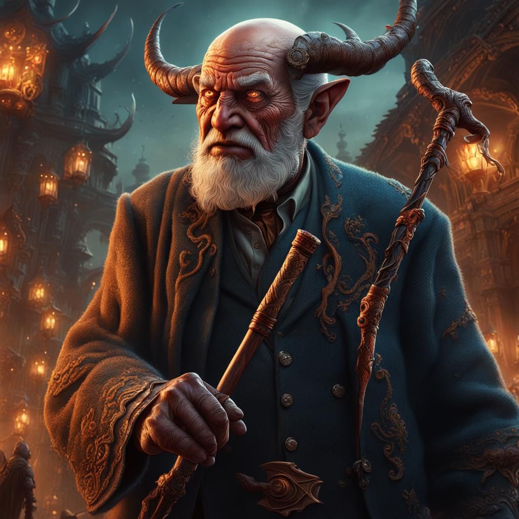 Old Man Battling Demons with Cane, Digital Art