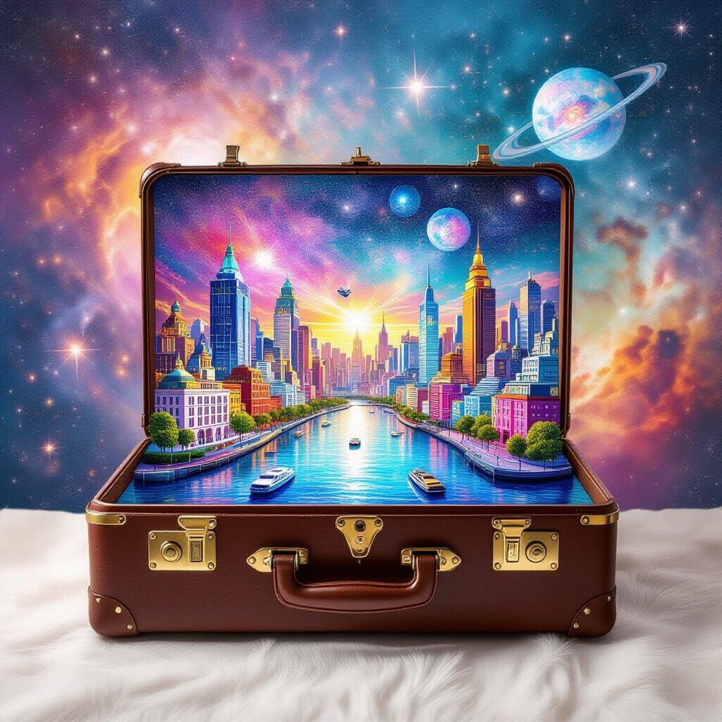 Vibrant City Inside Open Suitcase: Cosmic Illustration
