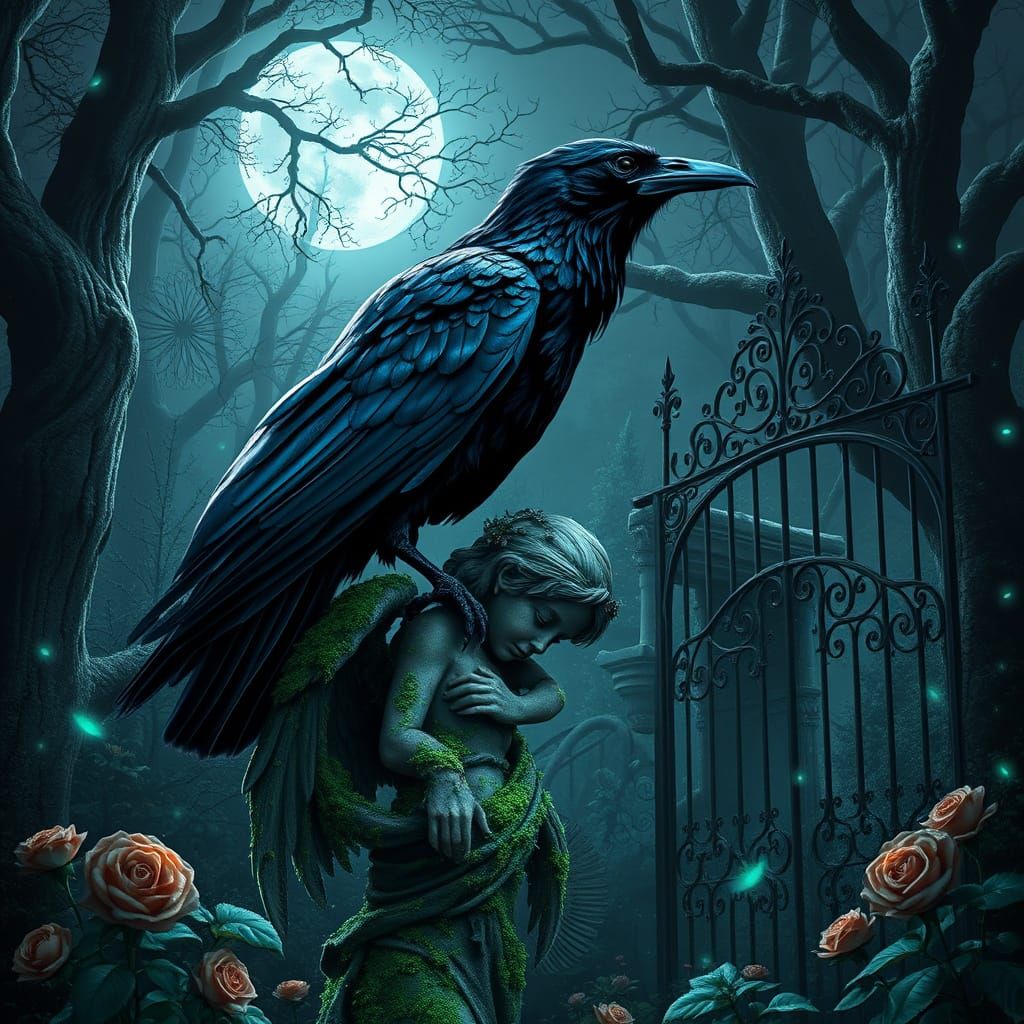 Obsidian Raven on Victorian Angel Statue