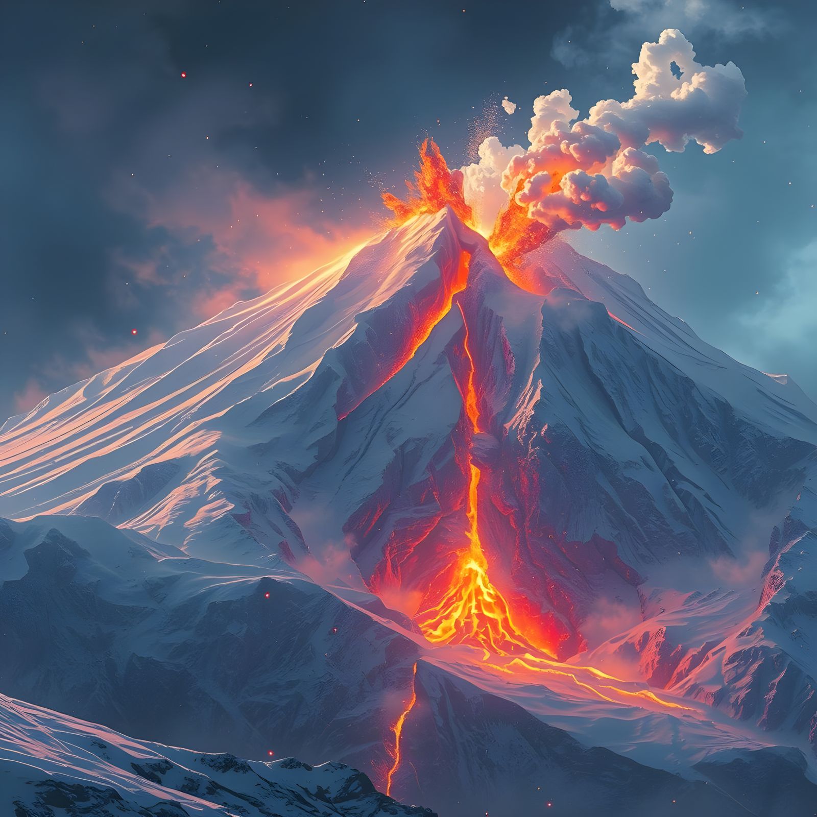 Snow-Covered Volcano Eruption in Detailed Matte Painting