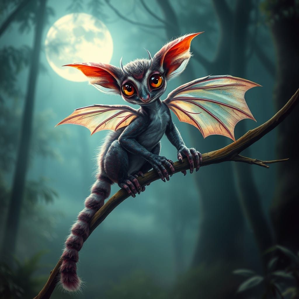 Moonlit Fairy Dragon Lemur in Enchanted Forest
