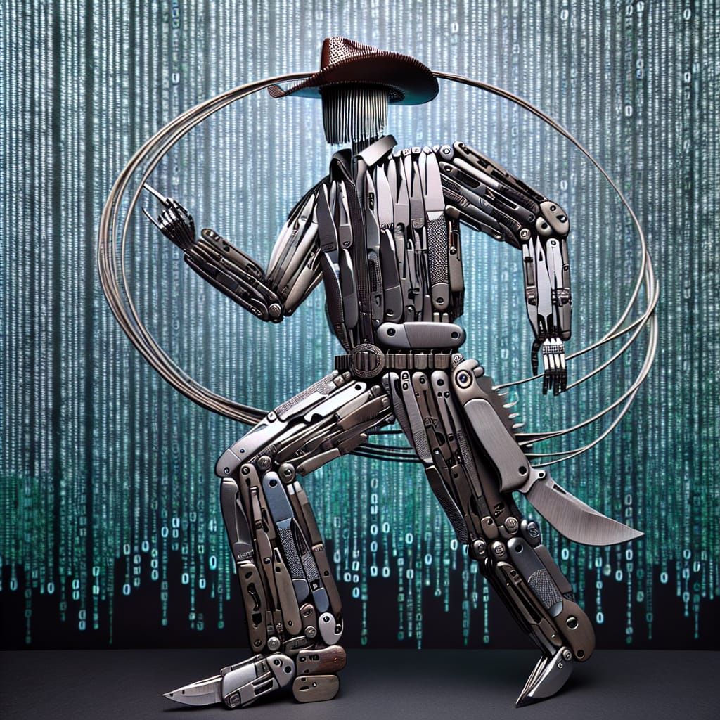 Cowboy Made of Pocket Knives in Binary Code Landscape
