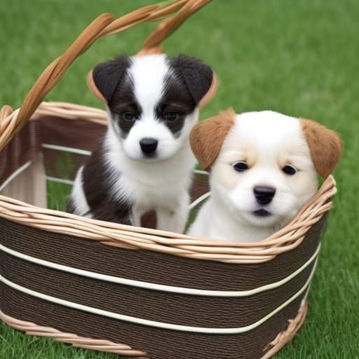 Puppies in a Basket Inside Datsun
