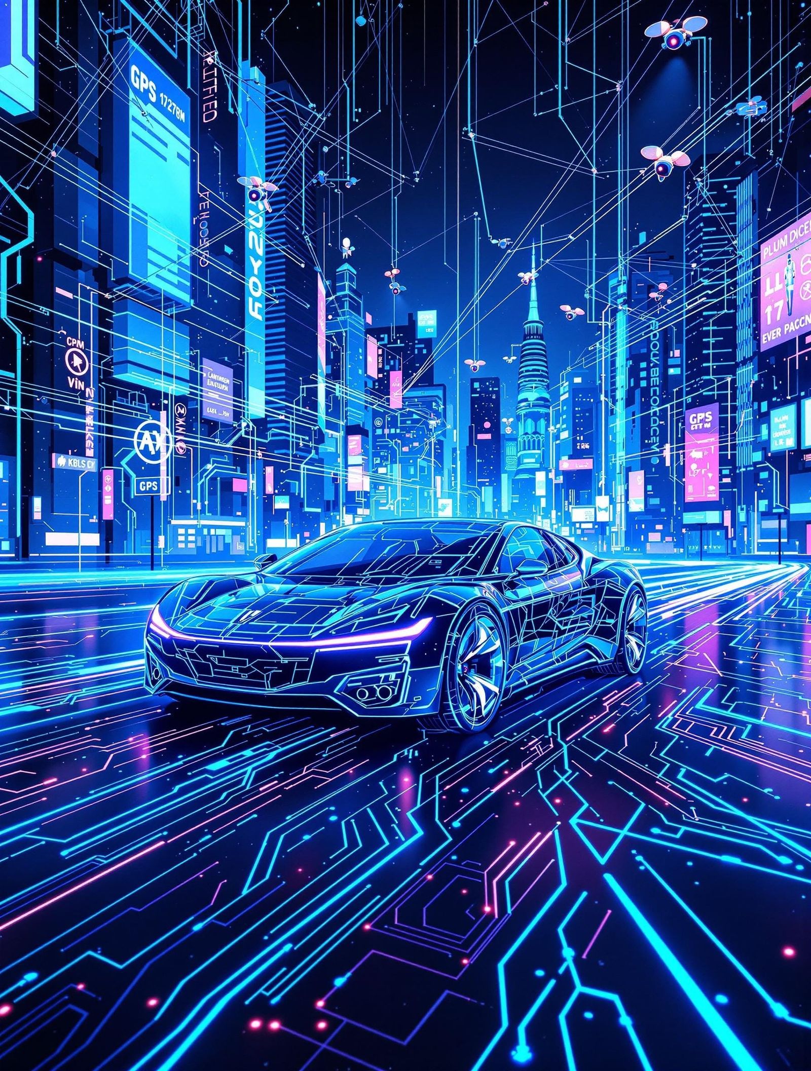 Neon Circuit Car on Smart City Road