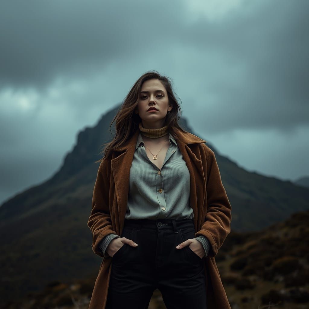 Fashionable Woman Posing in Mystical Landscape