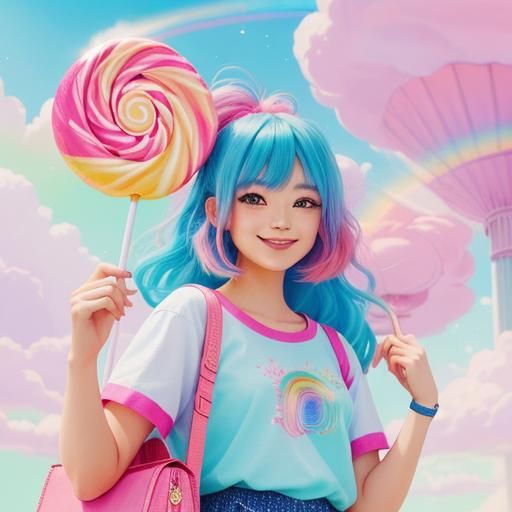 Colorful Girl with Lollipop in Kawaii Candy Store