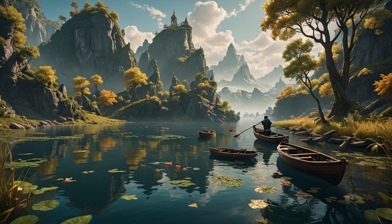 Fisherman in Rowboat: Detailed Fantasy Matte Painting