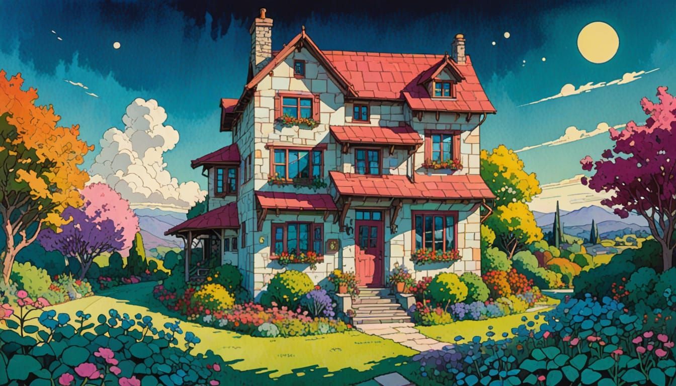 Cheerful Block House with Flowers in Bright Sunlight