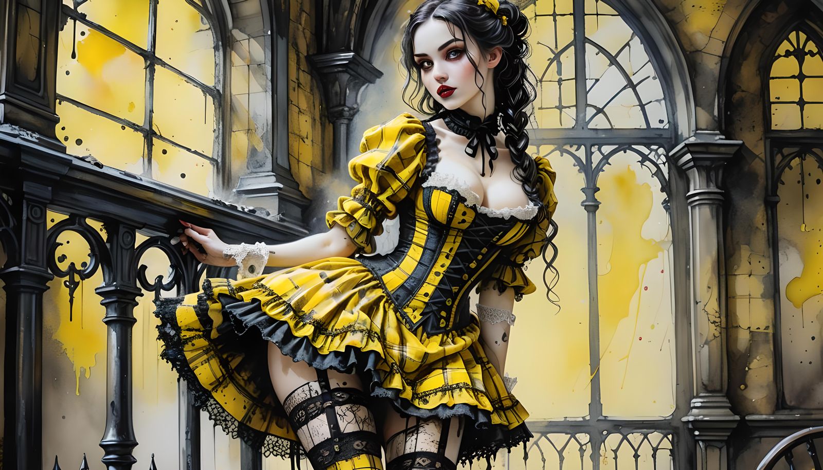 Gothic Babe in Yellow Plaid, Impasto Painting
